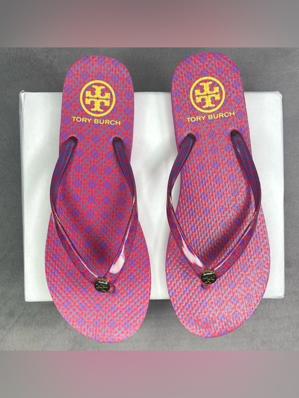 Tory Burch Pink and Blue Patterned Logo Flip Flops - Picture 2 of 14